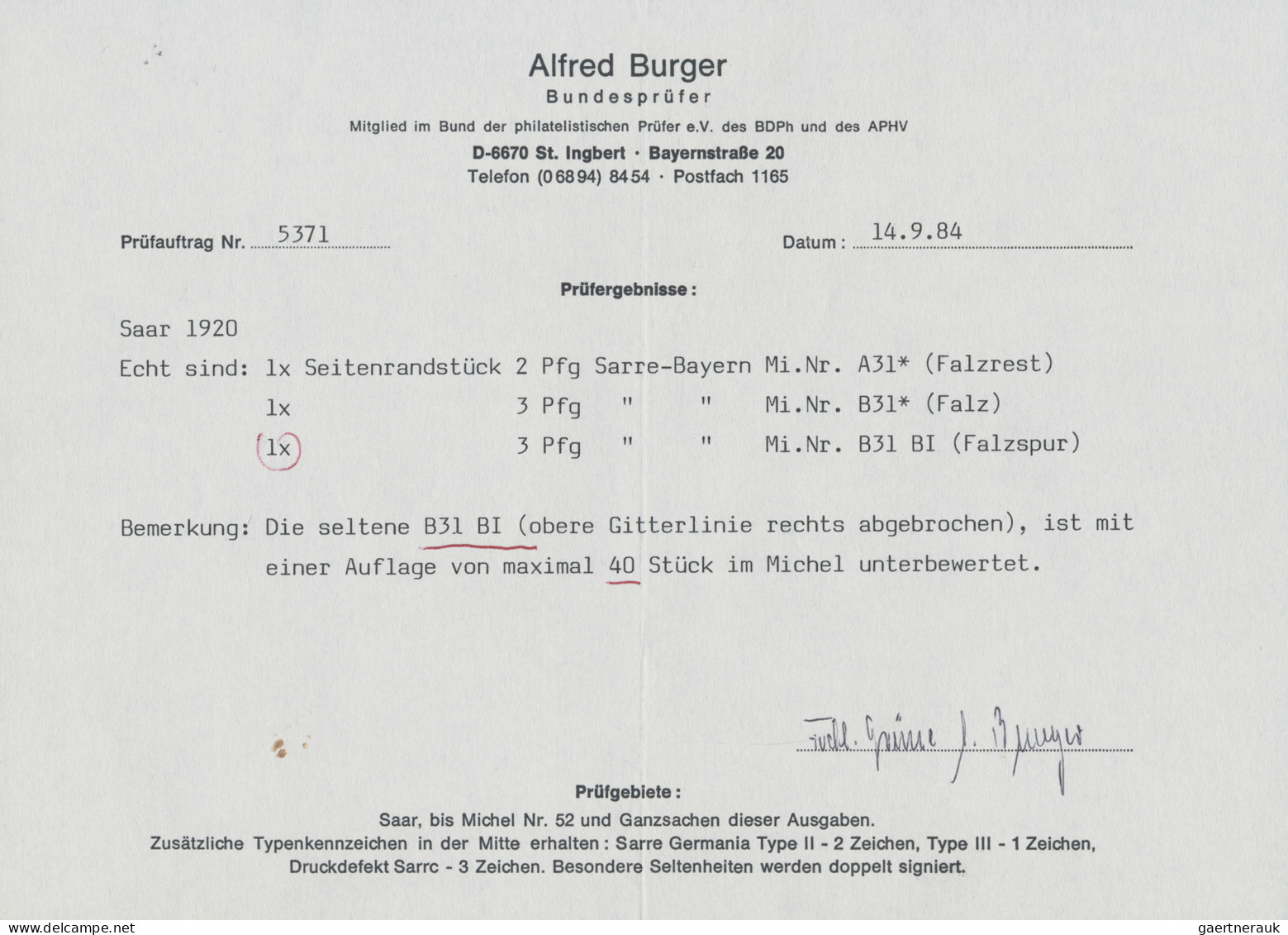 Deutsche Abstimmungsgebiete: Saargebiet: 1920, Aufdrucke auf Germania/Bayern, Pa