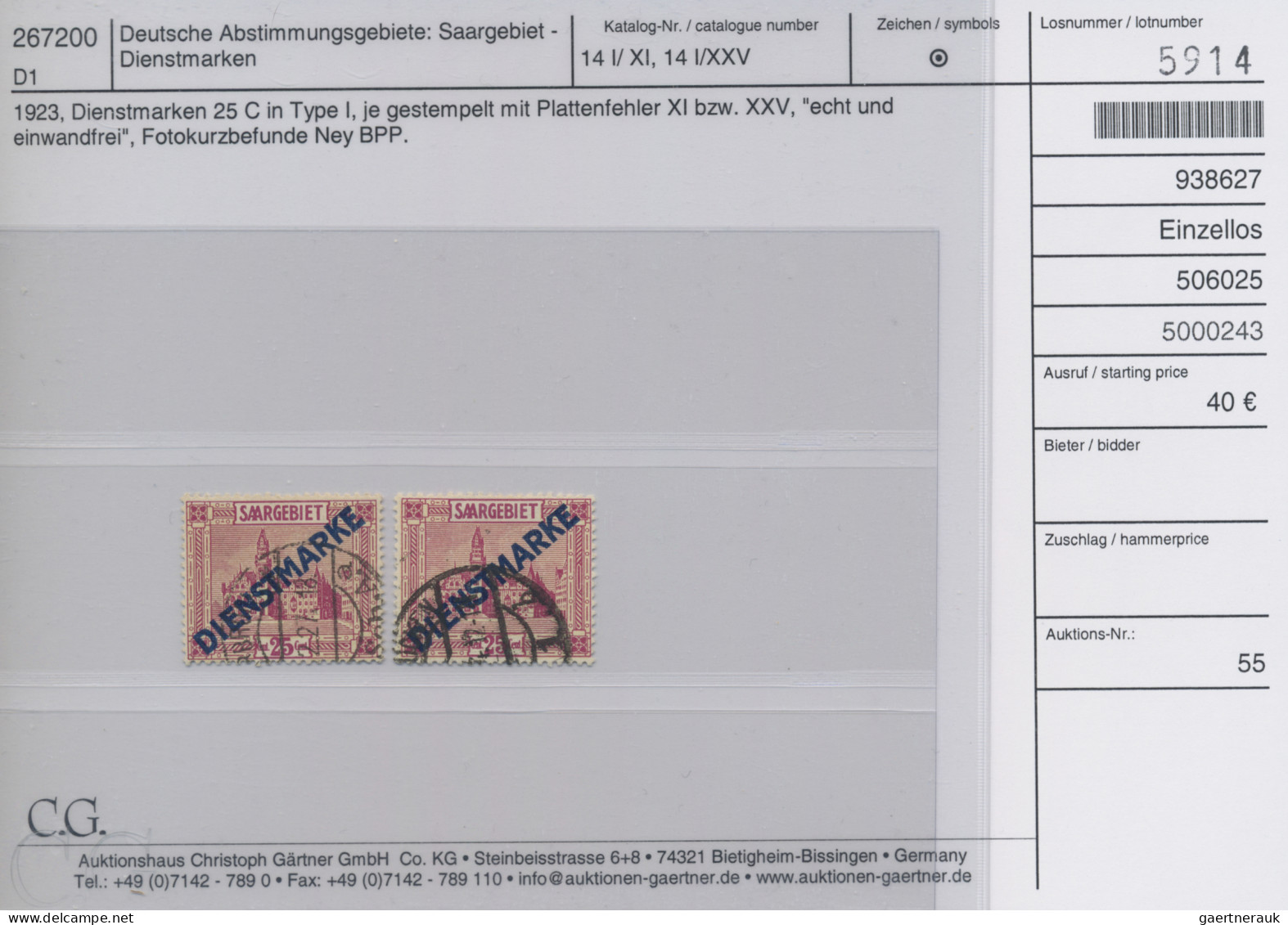 Deutsche Abstimmungsgebiete: Saargebiet - Dienstmarken: 1923/1929, Spezialpartie - Servizio