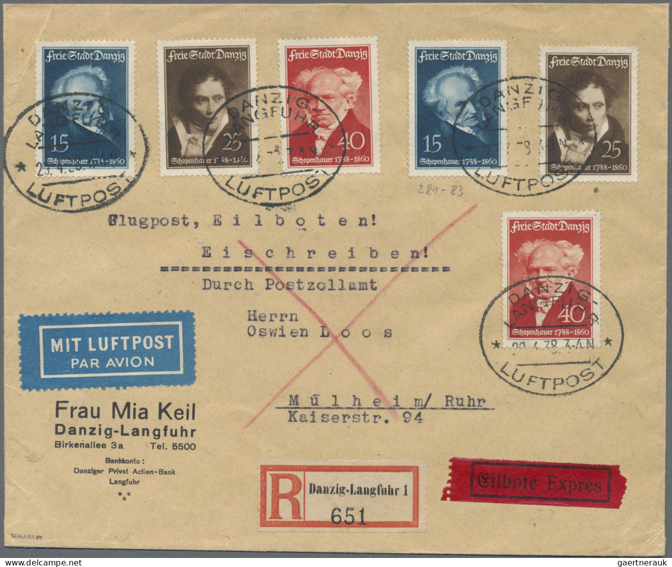 Danzig: 1921/1938 (ca), Dekorative Partie von ca. 75 Belegen, R.+Wert+Flug+Expre