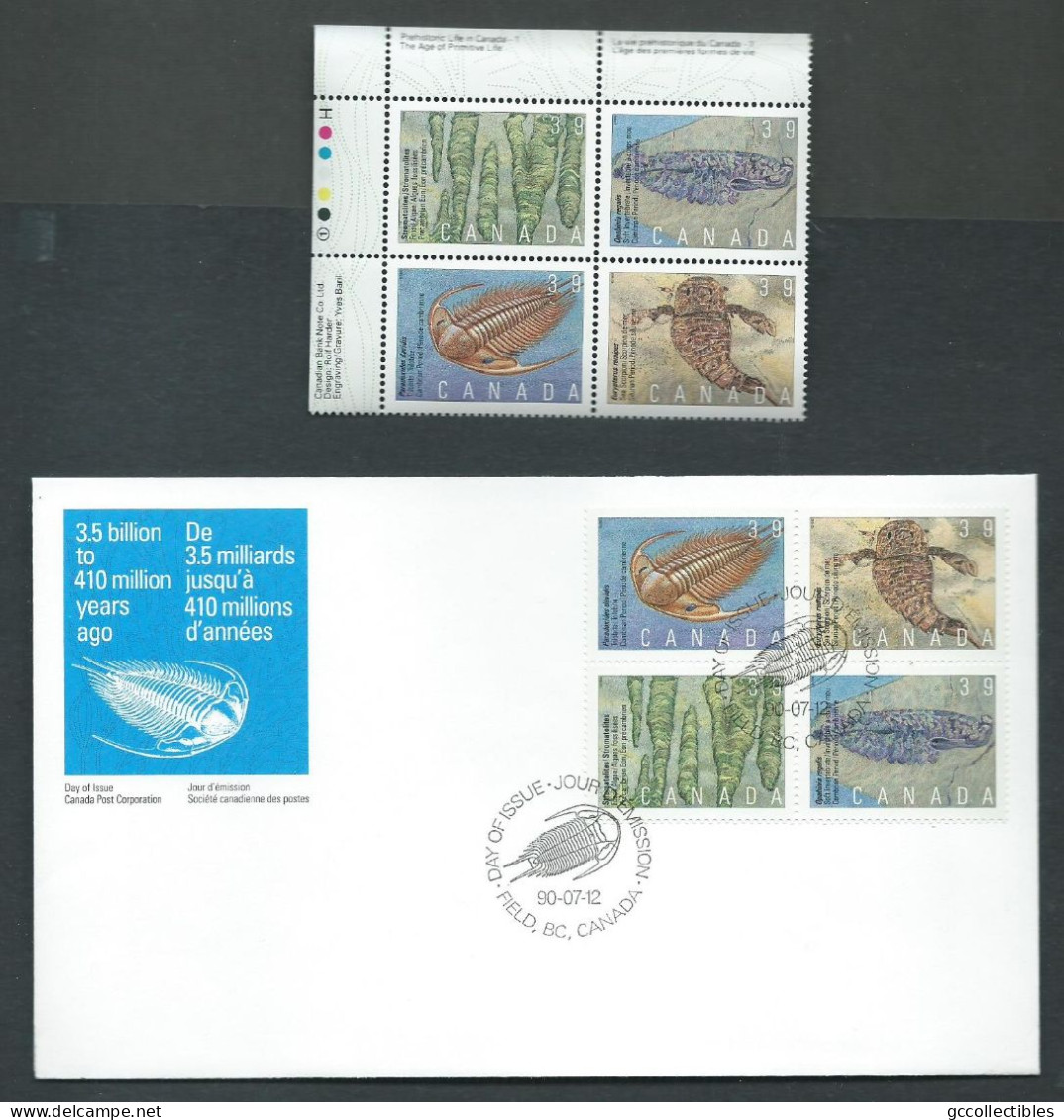 Canada # 1282a - U.L. Pl. Bl. MNH + FDC - Prehistoric Life In Canada - 1 - Blocks & Sheetlets