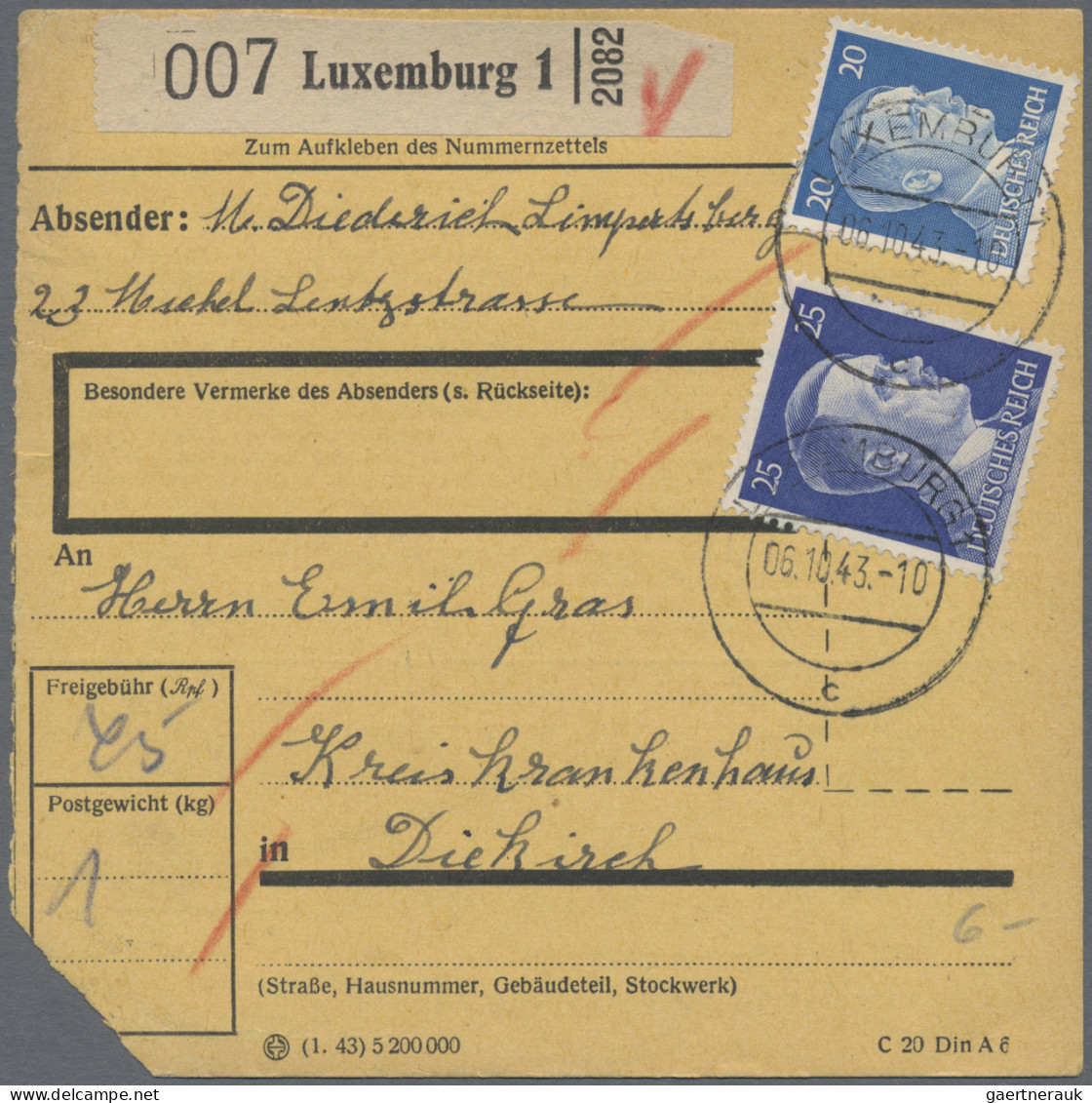 Dt. Besetzung II WK - Luxemburg: 1943, DR Mitläufer 793-795, 796 Auf PAKETKARTEN - Occupation 1938-45