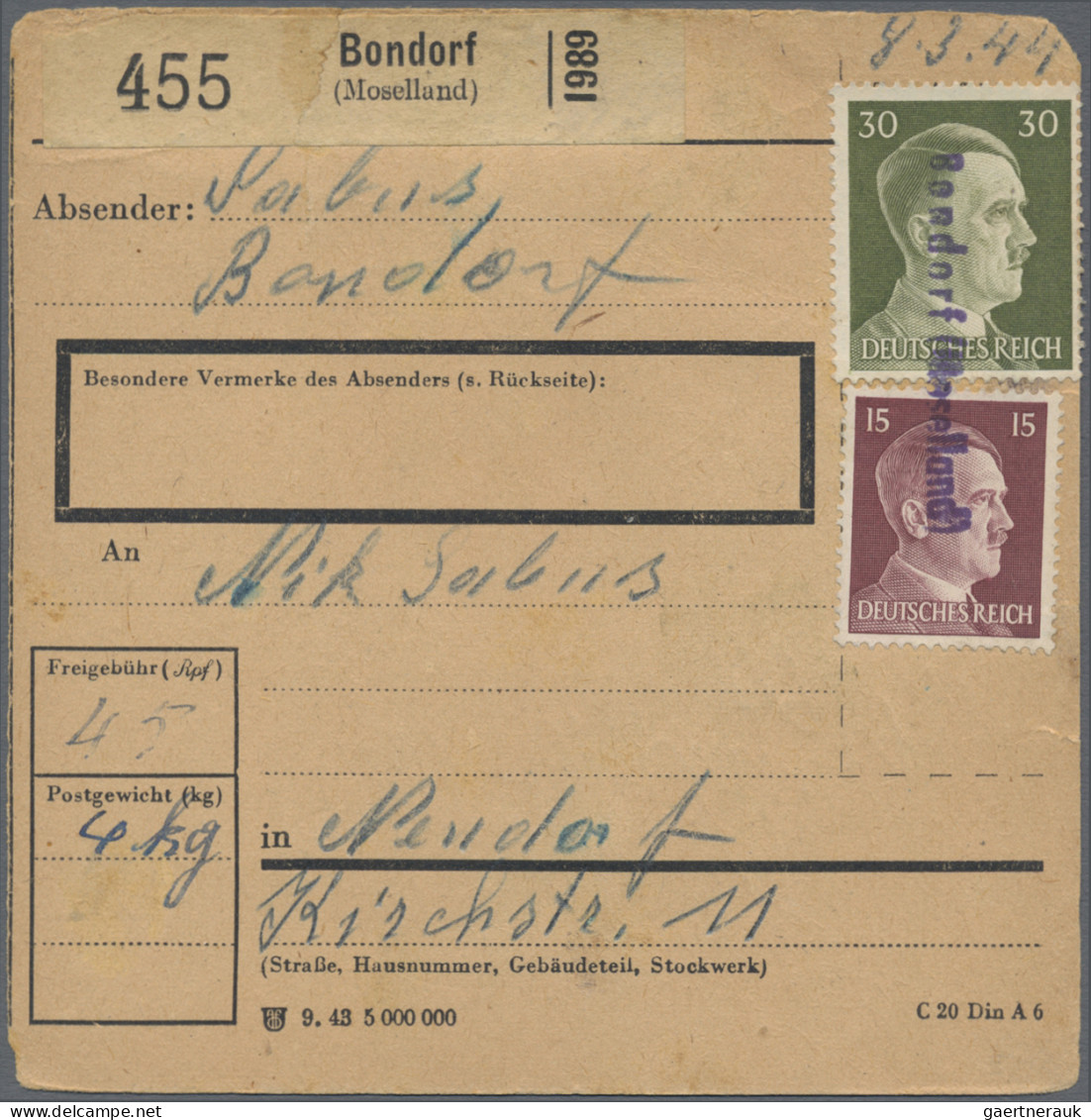 Dt. Besetzung II WK - Luxemburg: 1943/1944, Partie Von 24 Paketkartenstammteilen - Bezetting 1938-45