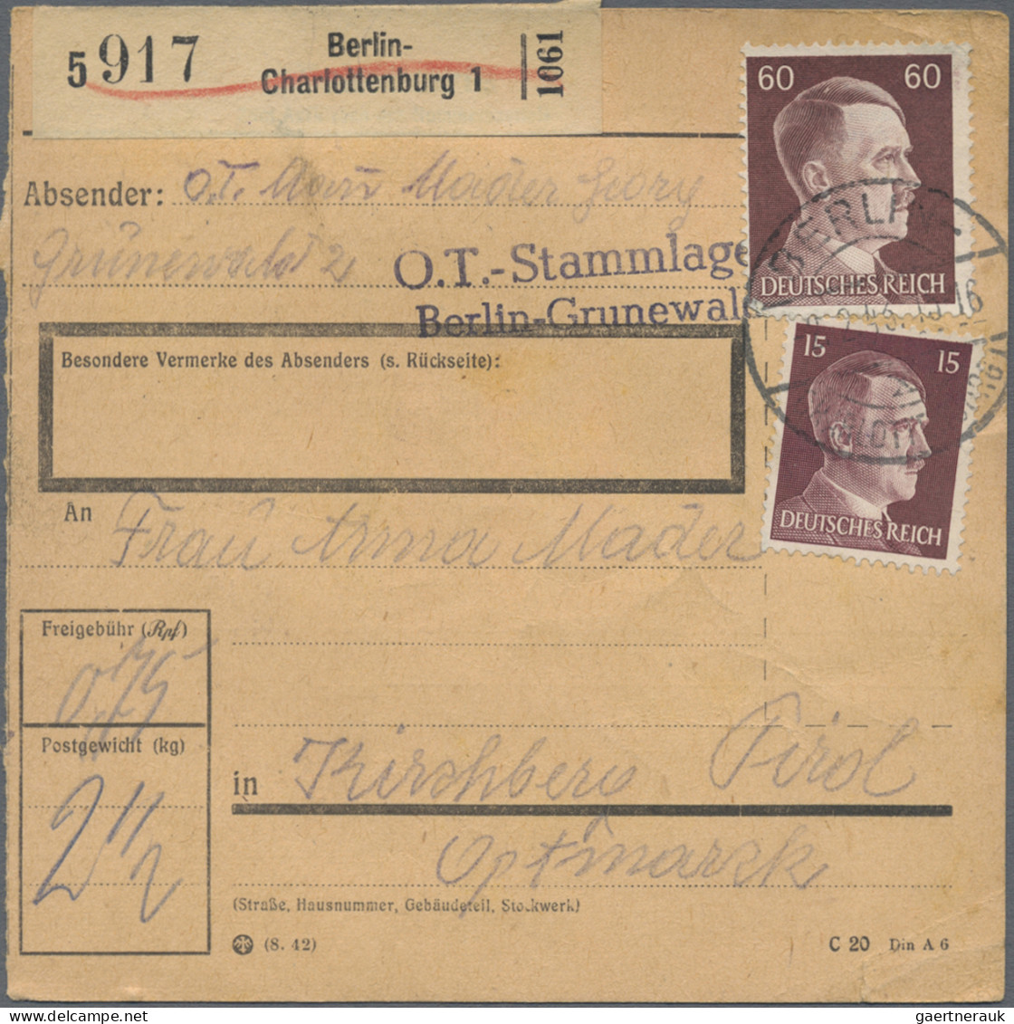 Feldpost 2. Weltkrieg: 1941/1943, Bestand Von Ca. 75 Paketkarten Mit Vielen Vers - Andere