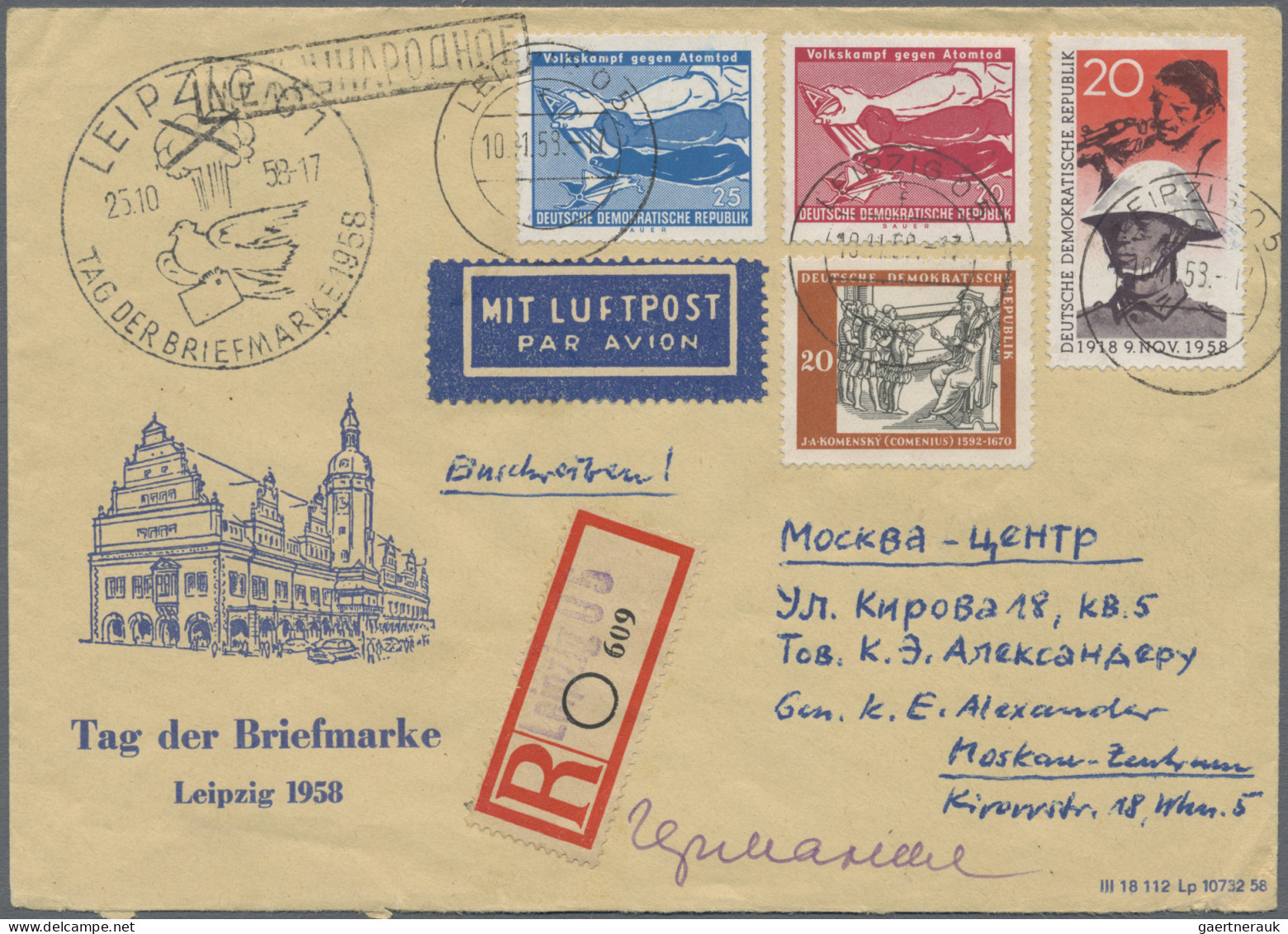 DDR: 1949/1958, Partie von acht besseren Belegen, dabei Debria-Block, Chinesen a