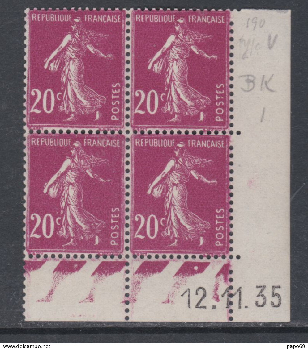 France N° 190 XX  Semeuse : 20 C. Lilas-rose En Bloc De 4 Coin Daté Du 12 . 11 . 35  1 Point Blanc, Sans Charnière, TB - ....-1929