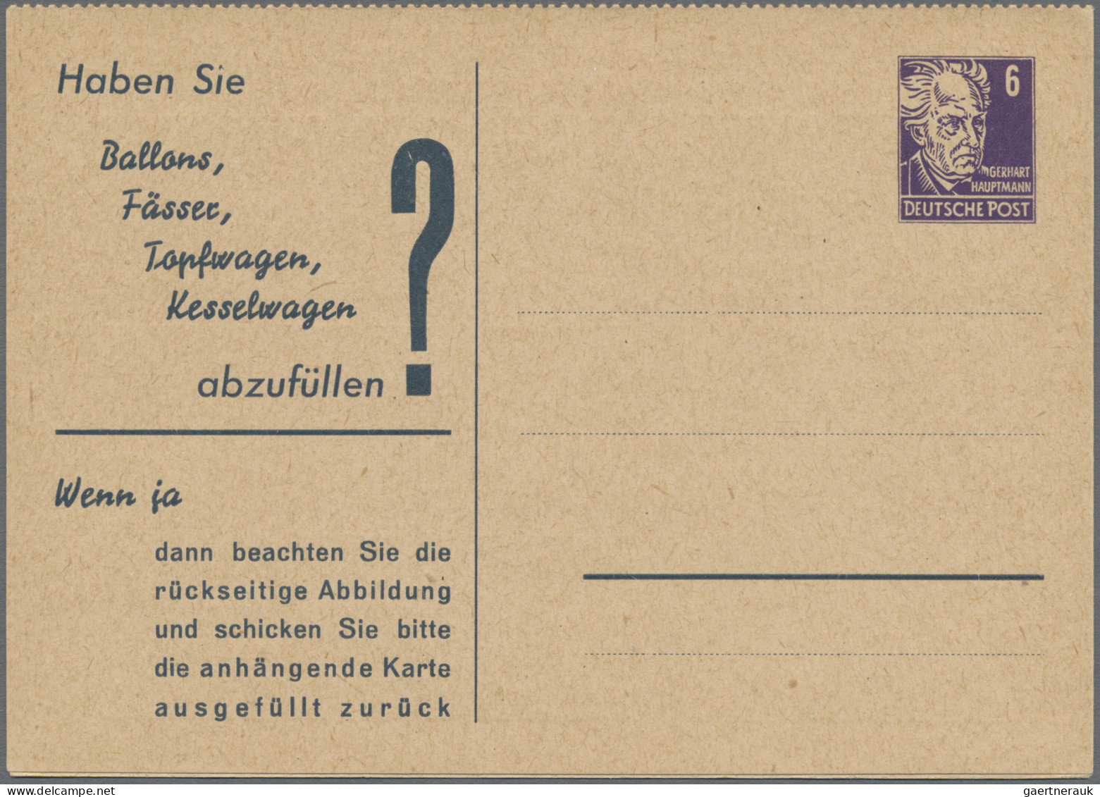 DDR - Privatganzsachen: 1951/1952, Privatganzsachenkarte 6 Pfg. Hauptmann (PP1), - Otros & Sin Clasificación