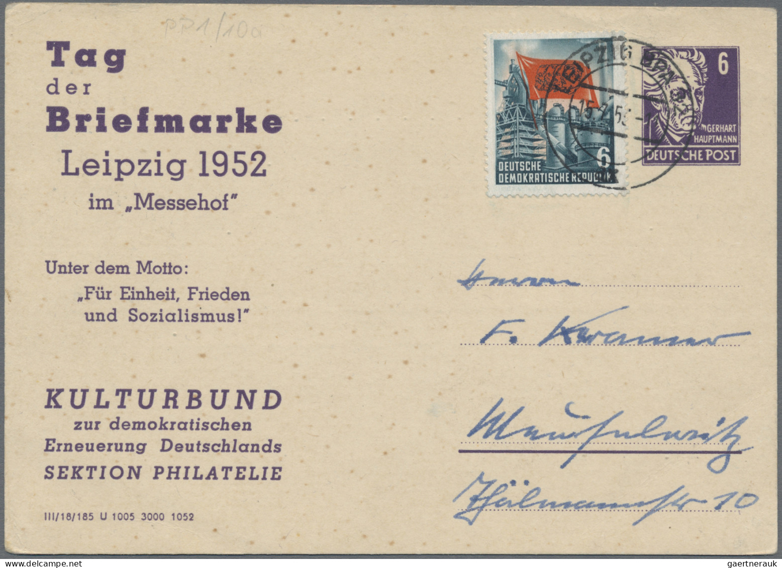 DDR - Privatganzsachen: 1951/1952, Privatganzsachenkarte 6 Pfg. Hauptmann (PP1), - Other & Unclassified