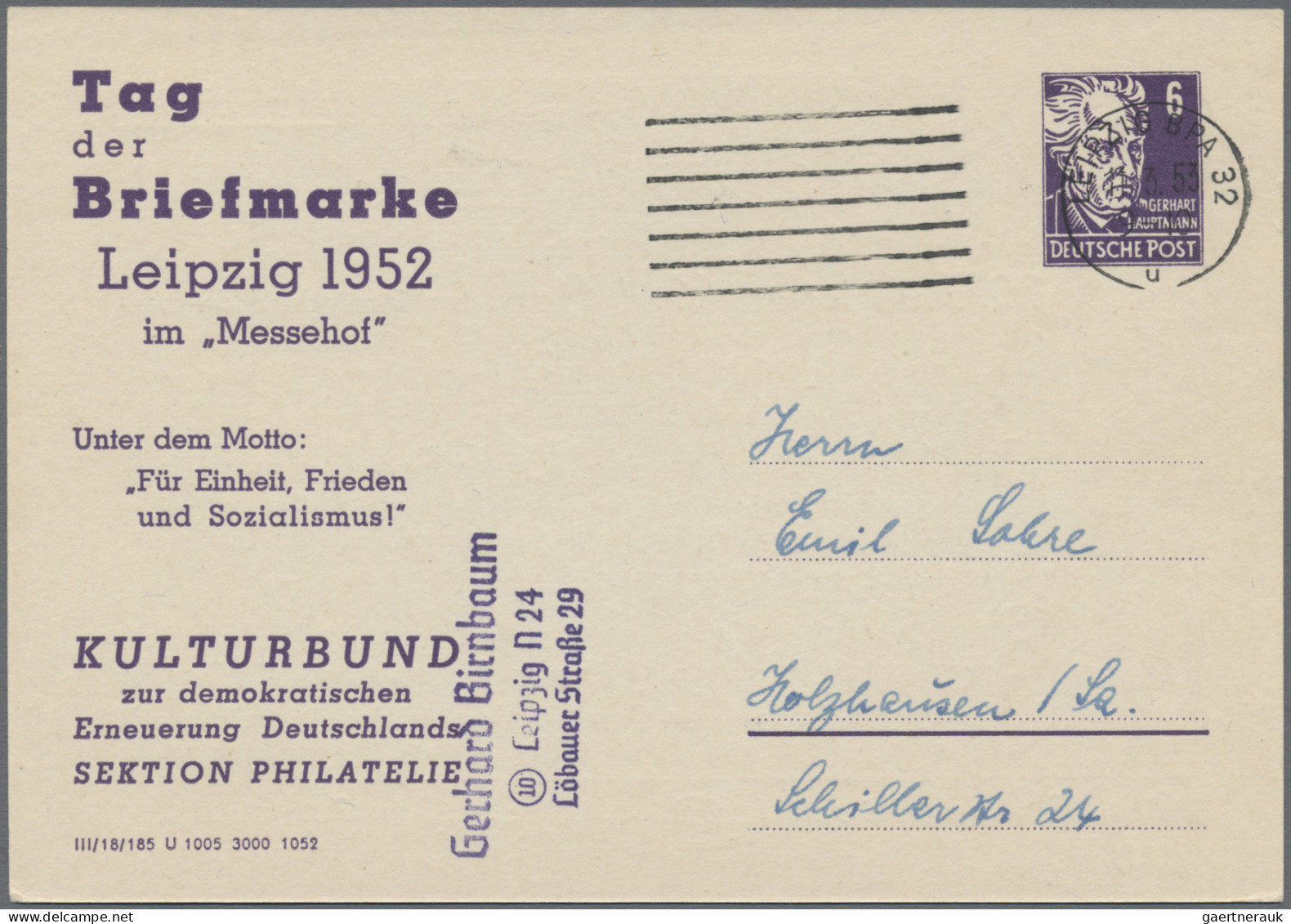 DDR - Privatganzsachen: 1951/1952, Privatganzsachenkarte 6 Pfg. Hauptmann (PP1),