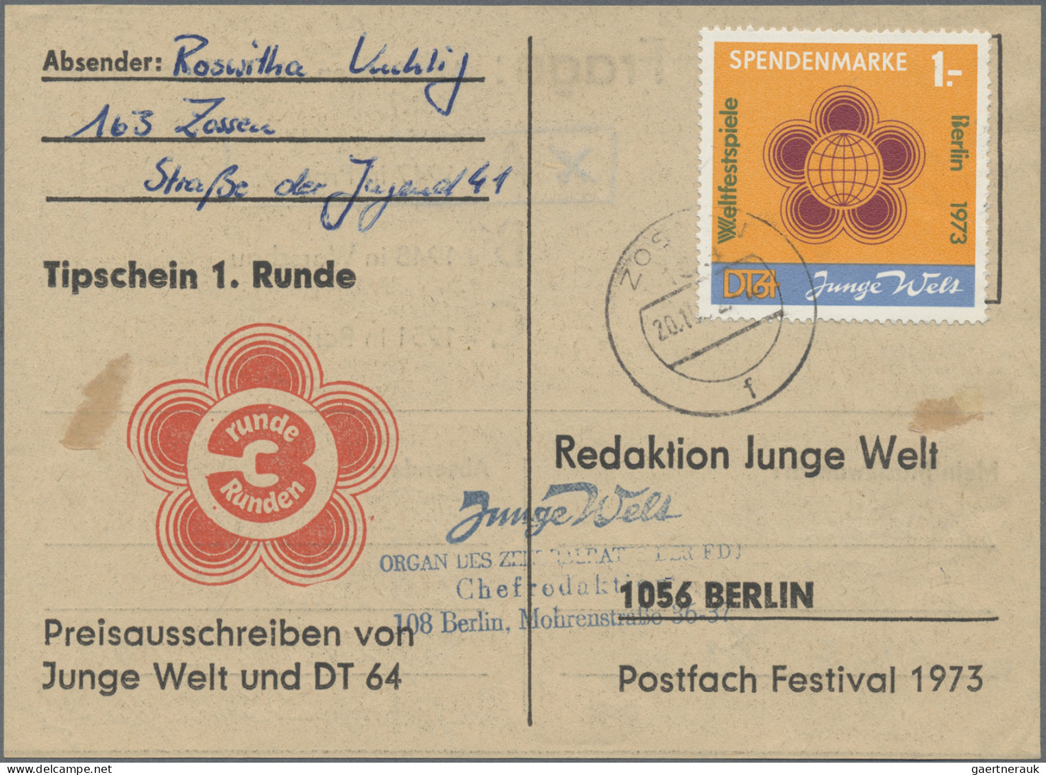 DDR - Besonderheiten: 1973, Spendenmarken Weltfestspiele, Lot Mit Sieben Tippsch - Other & Unclassified