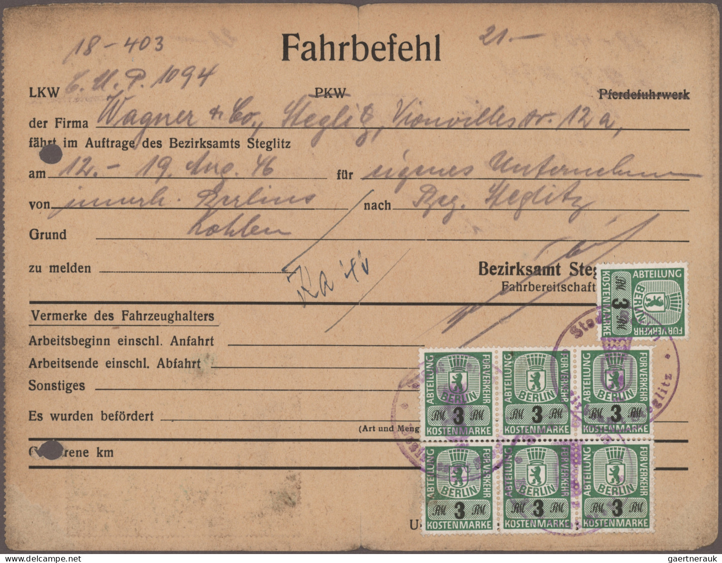 Berlin: 1947/1948, Fahrgenehmigung/Fahrbefehl/Fahranweisung, Partie Von 17 Mit F - Storia Postale