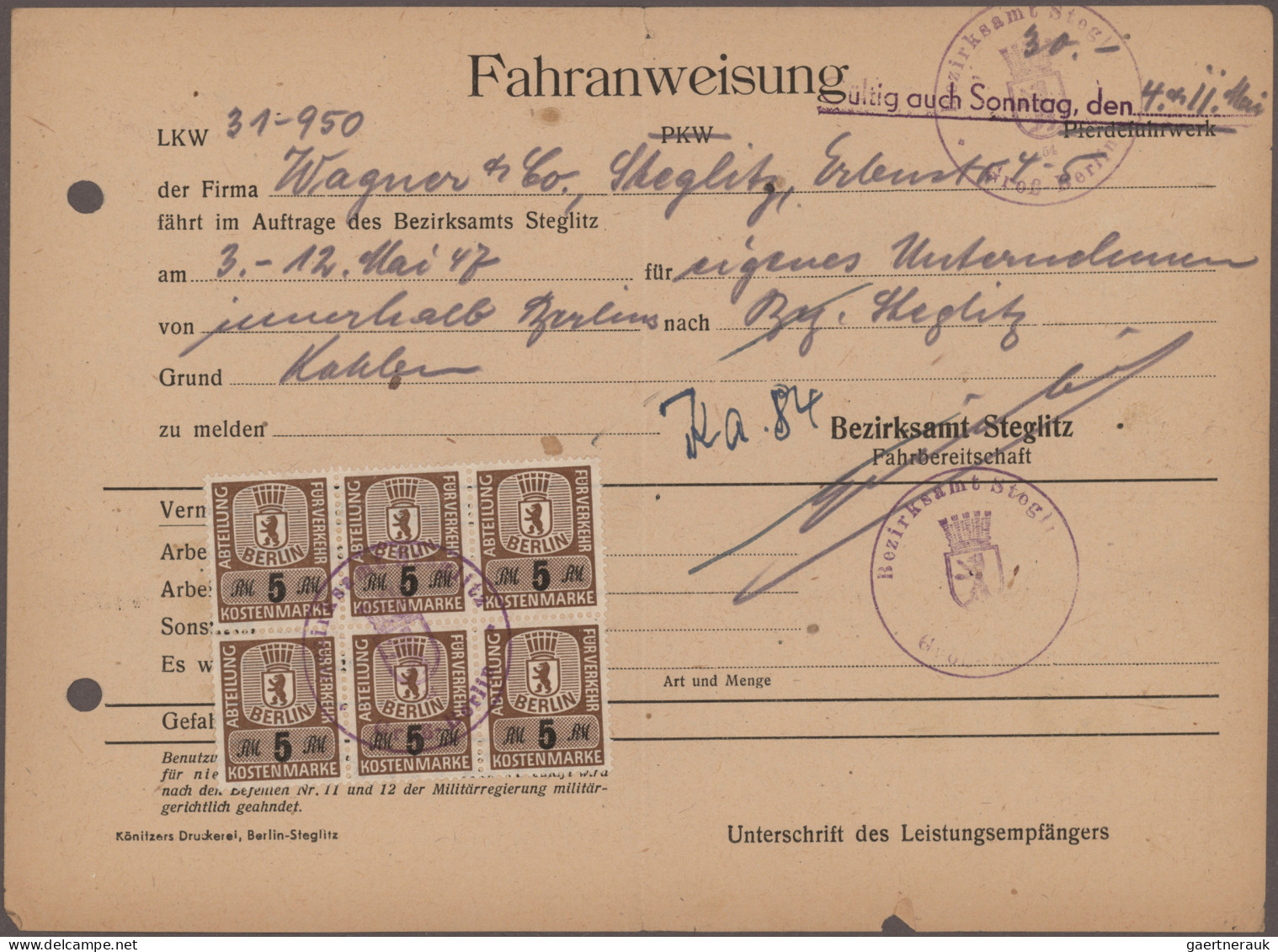 Berlin: 1947/1948, Fahrgenehmigung/Fahrbefehl/Fahranweisung, Partie Von 17 Mit F - Lettres & Documents