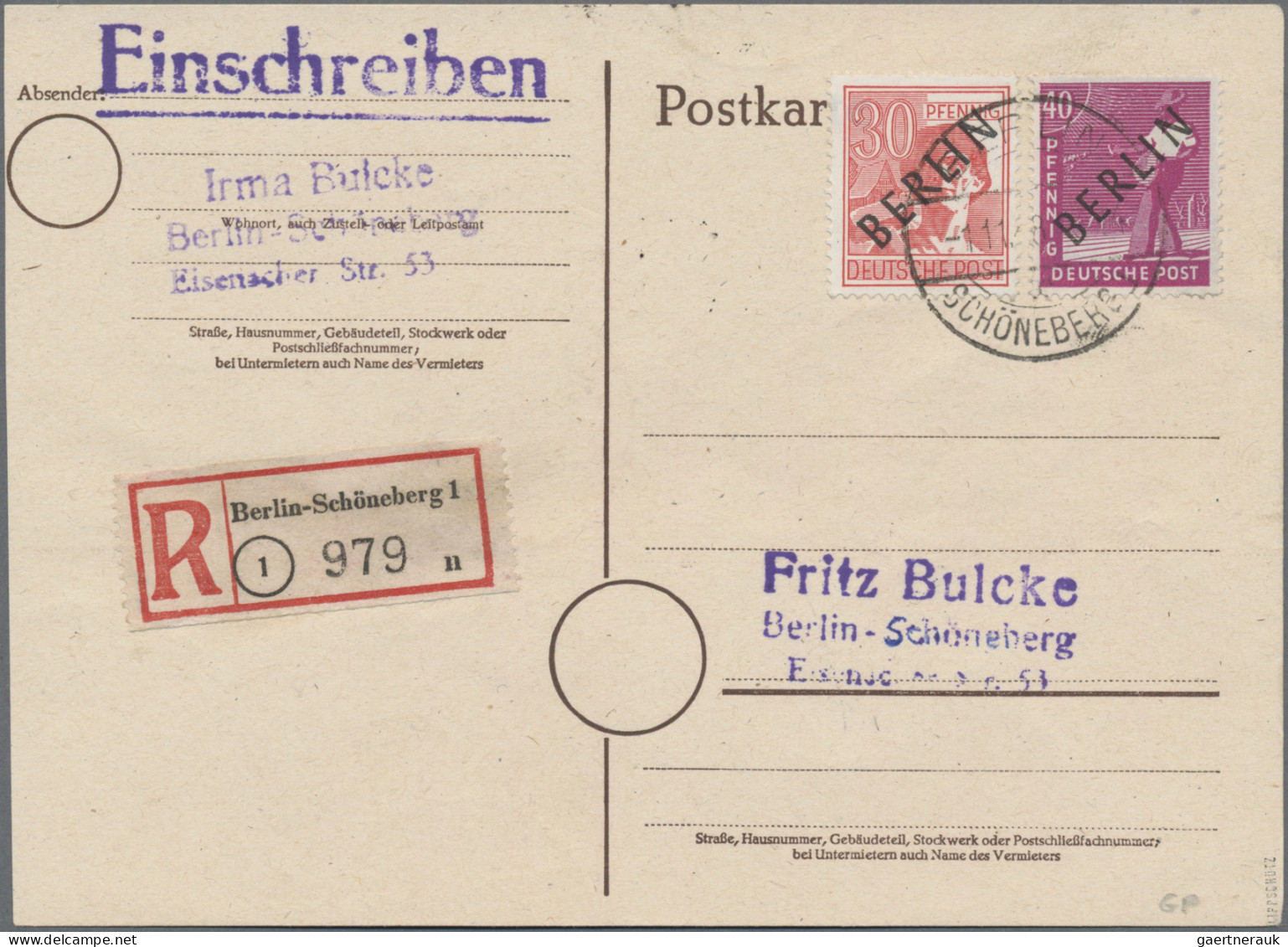 Berlin: 1948/1949, Oktober/November: Zwei Philatelistische Ortseinschreibekarten - Cartas & Documentos