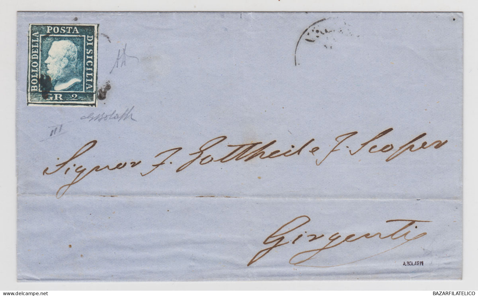 SICILIA 1859 2 GRANA AZZURRO N.8 ISOLATO SU BUSTA DA PALERMO A GIRGENTI POS.90 - Sicilia