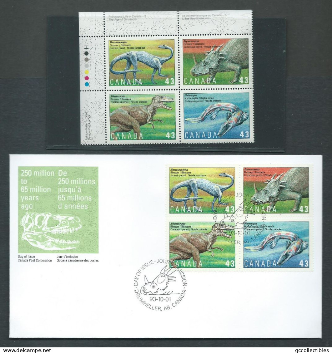 Canada # 1498a - U.L. Pl. Bl. MNH + FDC - Prehistoric Life In Canada - 3 - Hojas Bloque