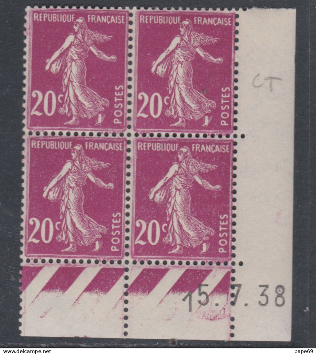 France N° 190 XX  Semeuse : 20 C. Lilas-rose En Bloc De 4 Coin Daté Du 15 .7 . 38  Sans Point Blanc, Sans Charnière, TB - ....-1929