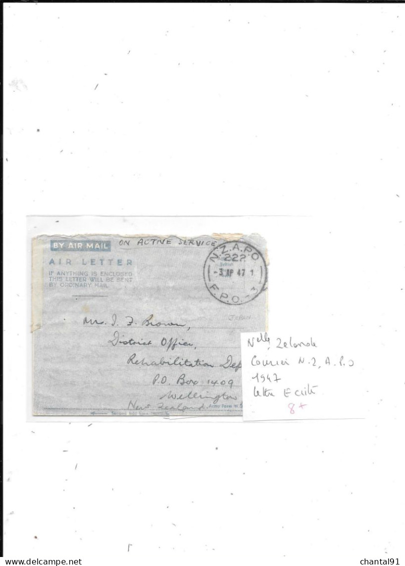 NOUVELLE ZELANDE COURRIER N.Z.A.P.O LETTRE ECRITE 1947 - Briefe U. Dokumente