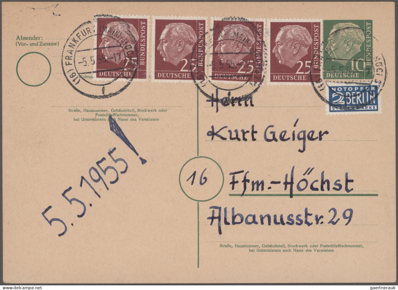 Bundesrepublik - Ganzsachen: 1954/1961, Heuss-Ganzsachen, saubere Sammlung von 5