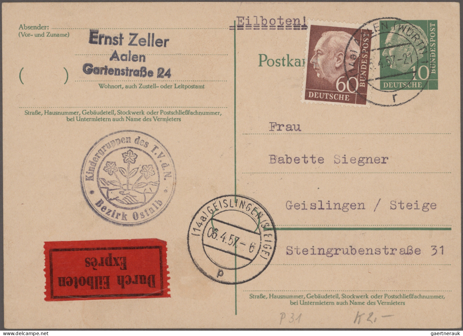 Bundesrepublik - Ganzsachen: 1954/1961, Heuss-Ganzsachen, saubere Sammlung von 5