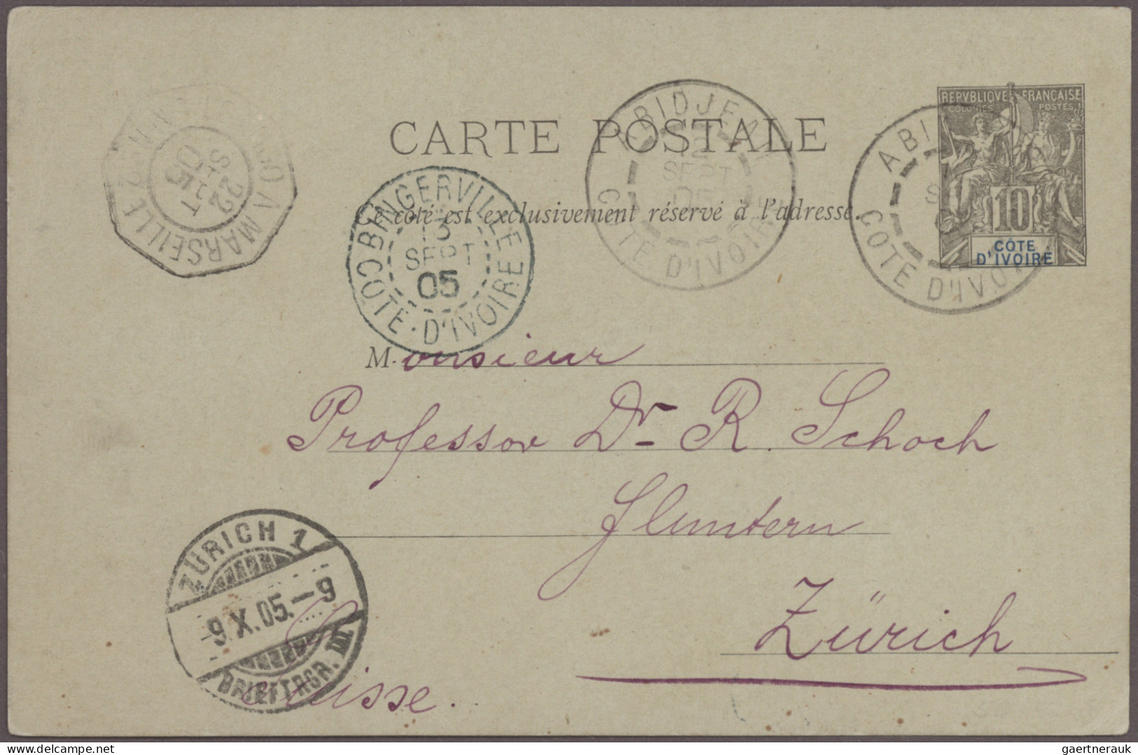 Ivory Coast: 1903/1939 Ten Covers, Picture Postcards And Postal Stationery Items - Côte D'Ivoire (1960-...)
