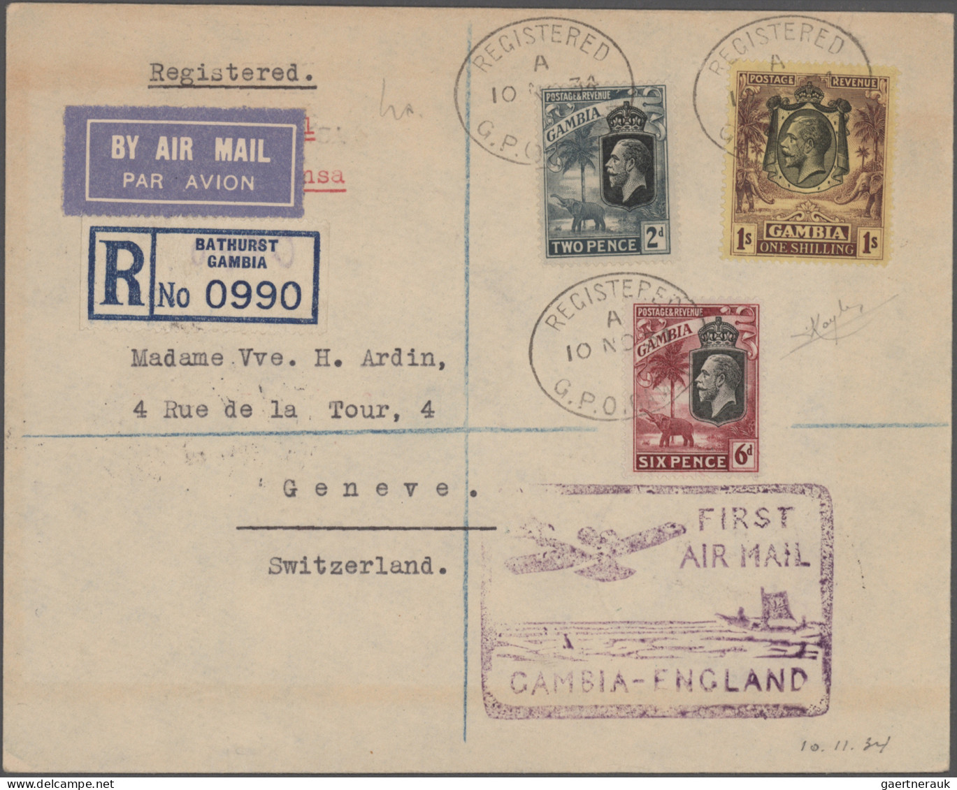 The Gambia: 1934/1936, Assortment Of 18 Flight Covers With Related Flight Cachet - Gambie (1965-...)