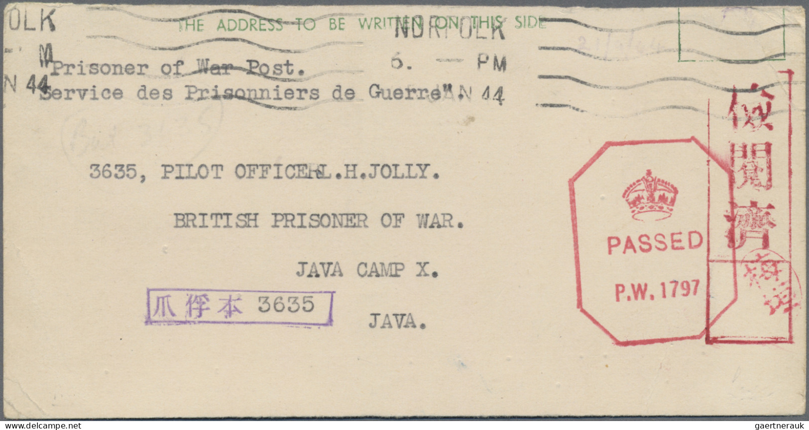Japan: 1944, POW Mail, Java Camp, Card From Dereham/Norfolk And Envelope From Gl - Autres & Non Classés