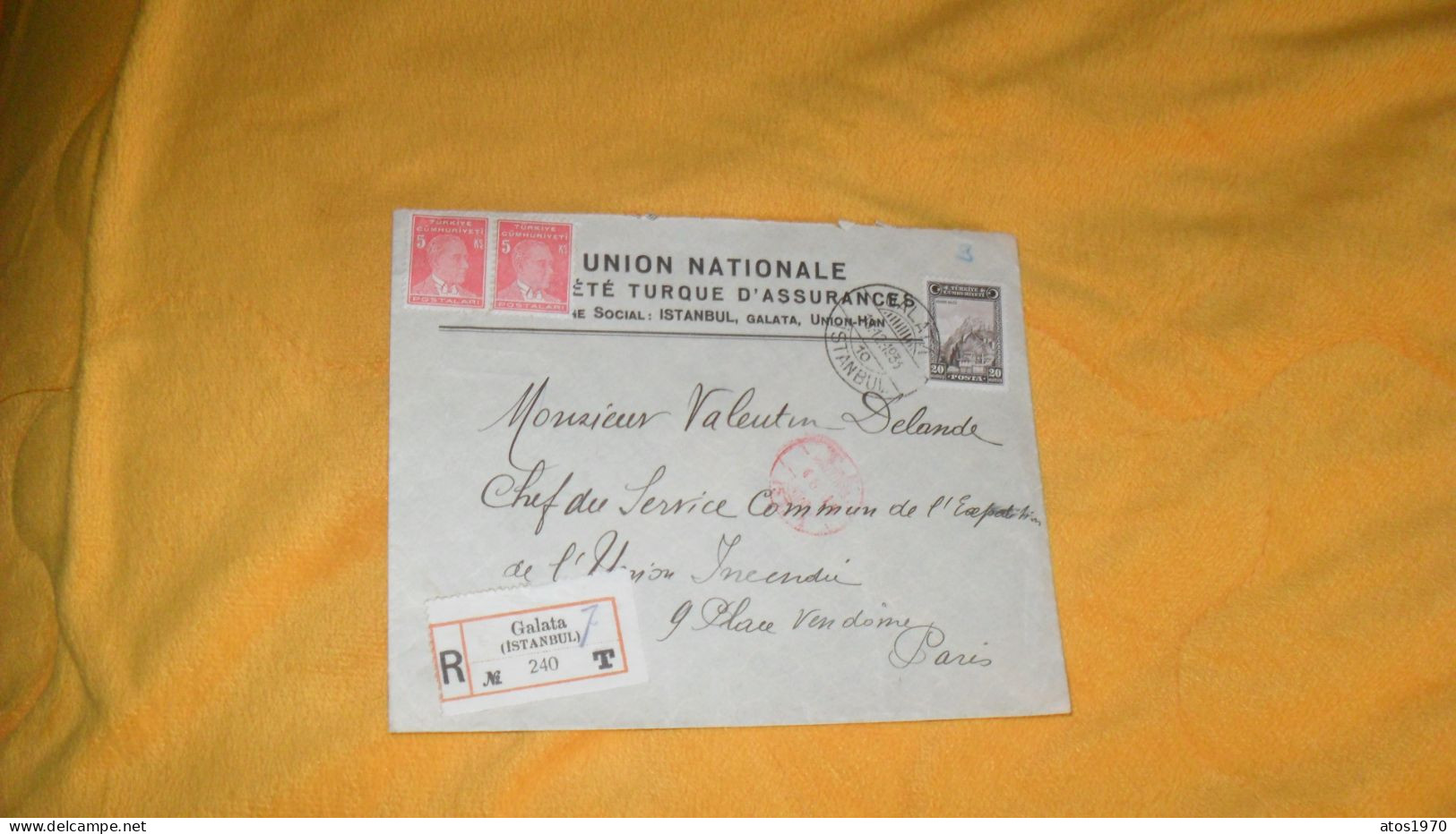 ENVELOPPE ANCIENNE DE 1933../ UNION NATIONALE...RECOMMANDE R N°240 T GALATA ISTANBUL POUR PARIS..CACHETS + TIMBRES X3 - Brieven En Documenten