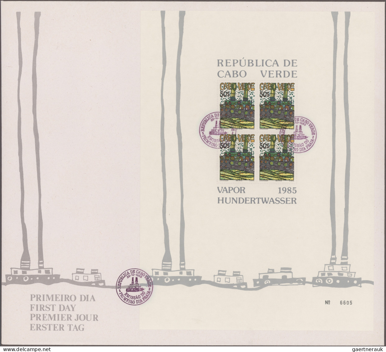 Cap Verde: 1985, Hundertwasser Souvenir Sheets With Consistent Number "6605", Ea - Cape Verde