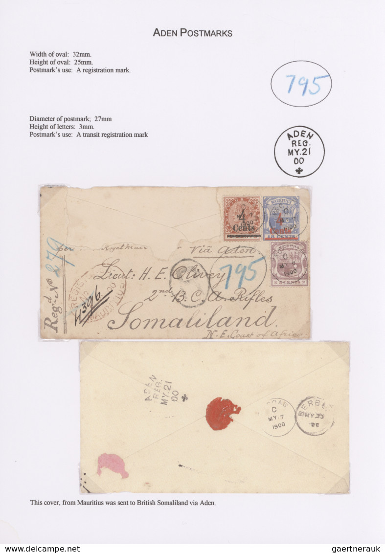 Aden: 1868/1951 ADEN POSTMARKS: Collection Of 19 Covers, Picture Postcards And P - Yemen