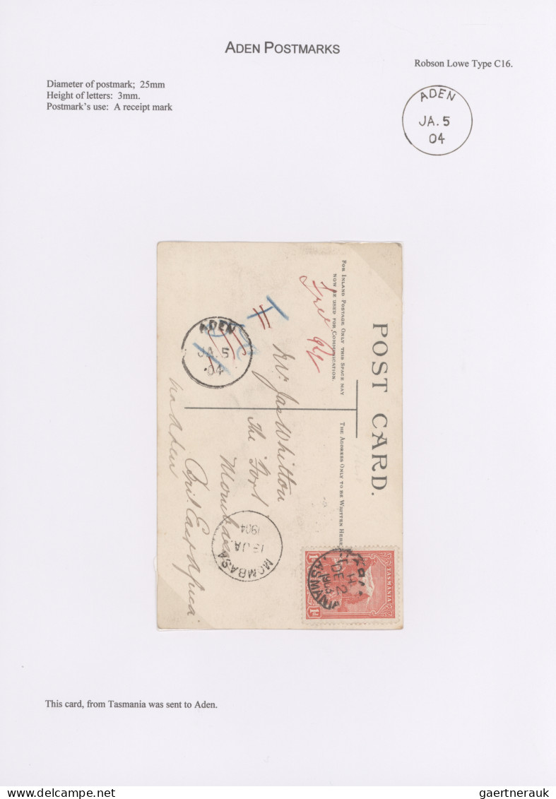 Aden: 1868/1951 ADEN POSTMARKS: Collection Of 19 Covers, Picture Postcards And P - Yemen