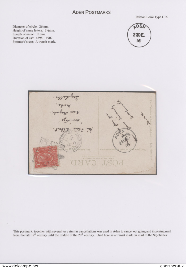 Aden: 1868/1951 ADEN POSTMARKS: Collection of 19 covers, picture postcards and p