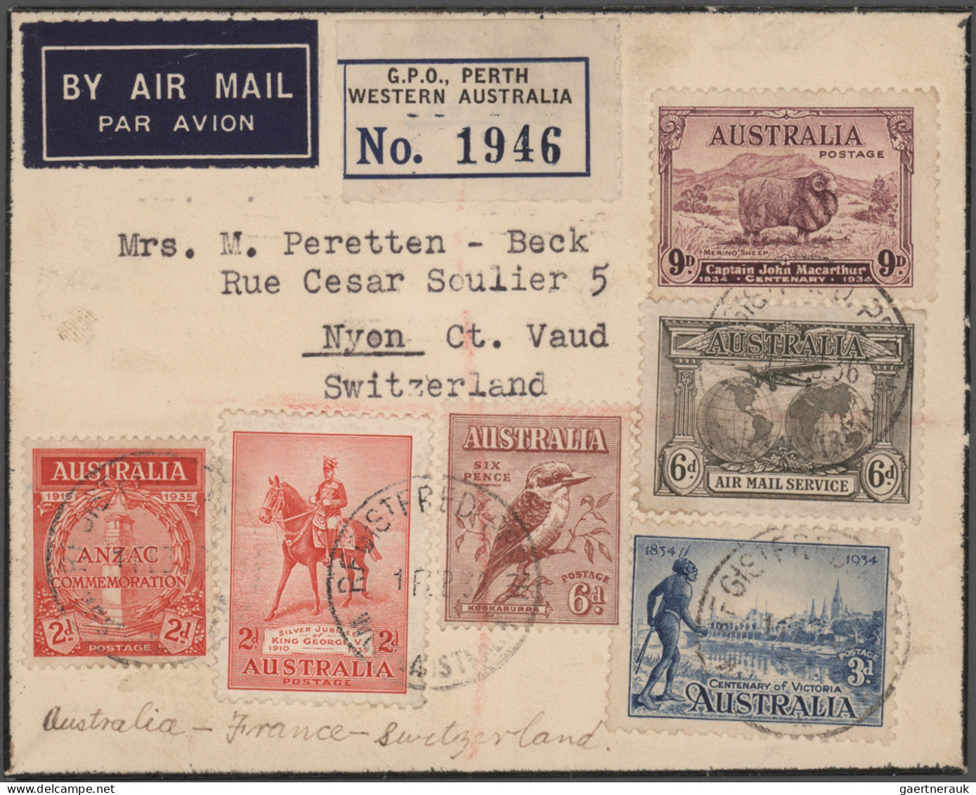 Australia: 1915/1955 Six Interesting Covers Sent To Liechtenstein, New Zealand, - Collections