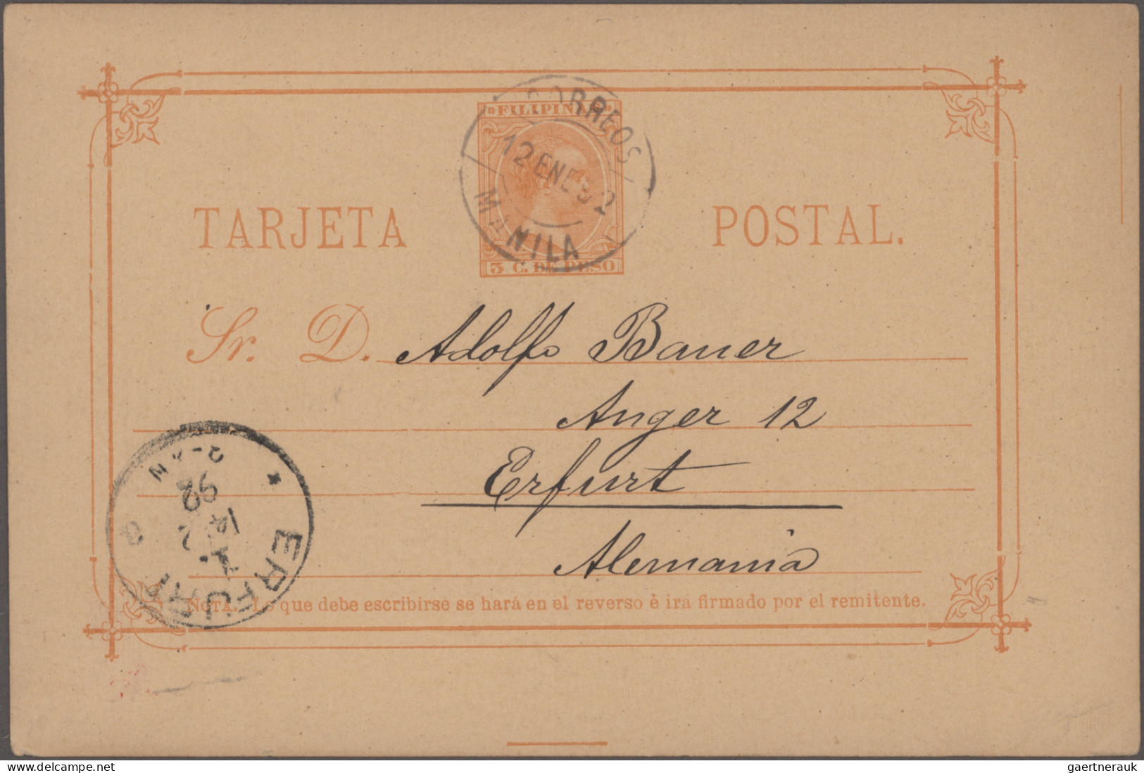 Philippines - Postal Stationery: 1889/1892 Two 1892 P/s Cards 3c. Used To German - Filippine