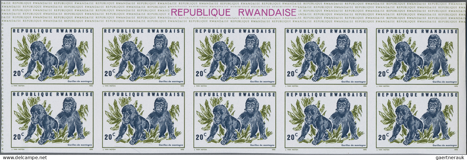 Ruanda: 1967/1975: Lot of 13,519 IMPERFORATE stamps, souvenir and miniature shee