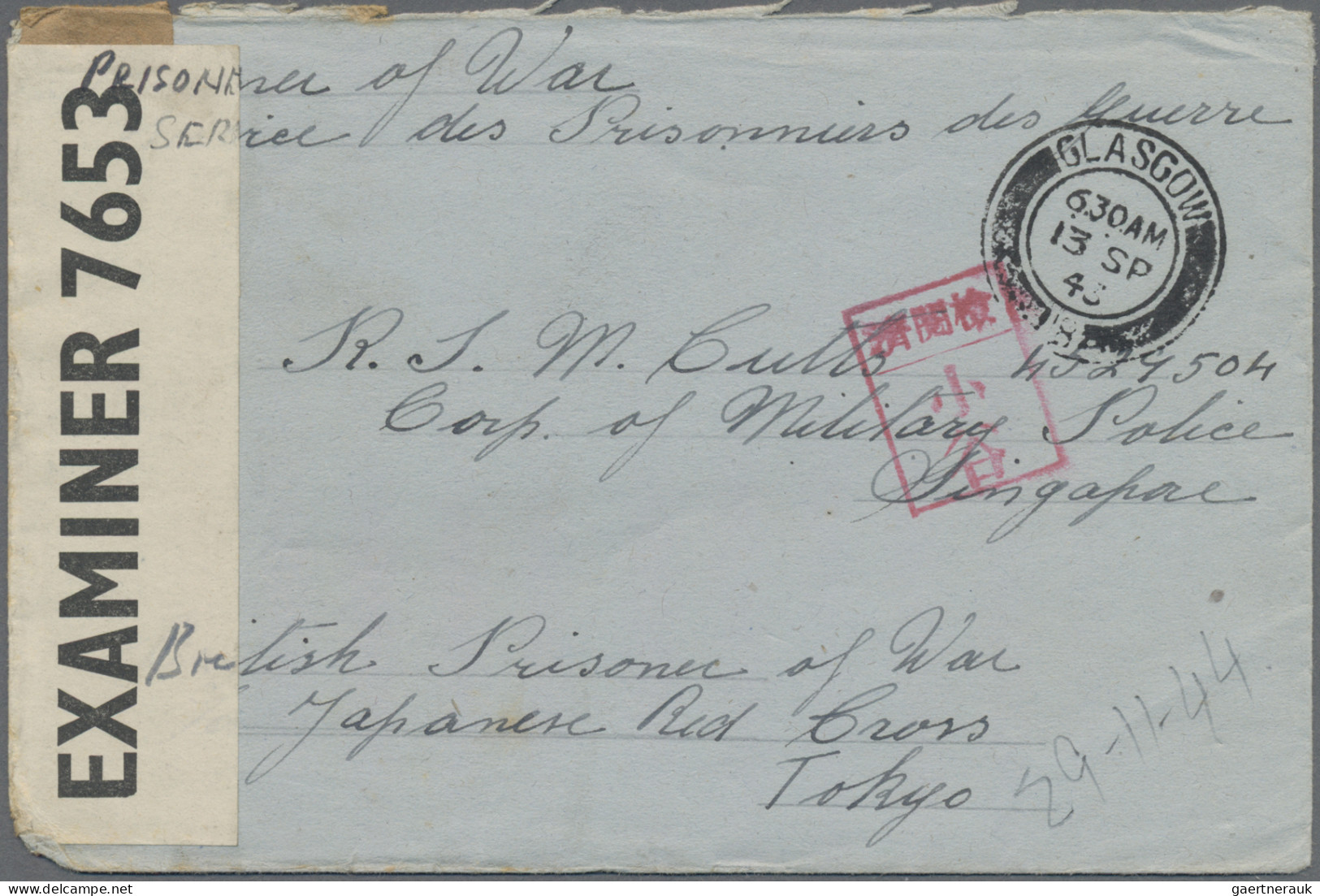 Singapore: 1942/1943, POW Mail Inbound To Singapore, Three Envelopes From Glasgo - Singapour (...-1959)