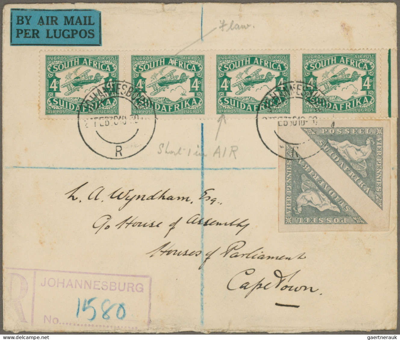 South Africa: 1925/1938 Six airmail covers to England (2) resp. inland, with 192
