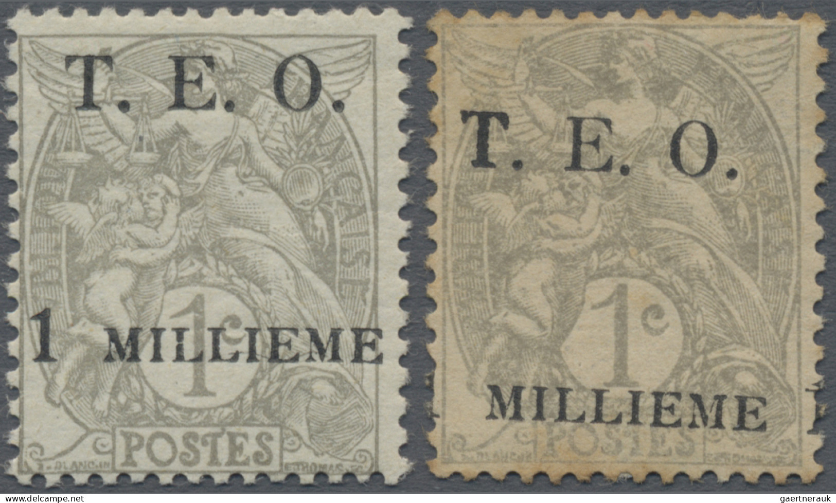 Syria: 1919, T.E.O. Overprints On France, 1m. On 1c. Grey, Two Stamps: (1) Mint - Syrië