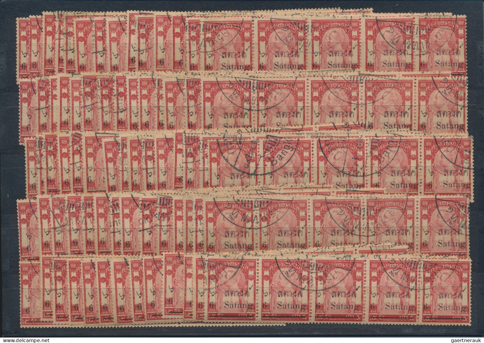 Thailand: 1909 Provisionals: Lot Of 603 Used Stamps Of 3s. On 3a. Green And 448 - Tailandia