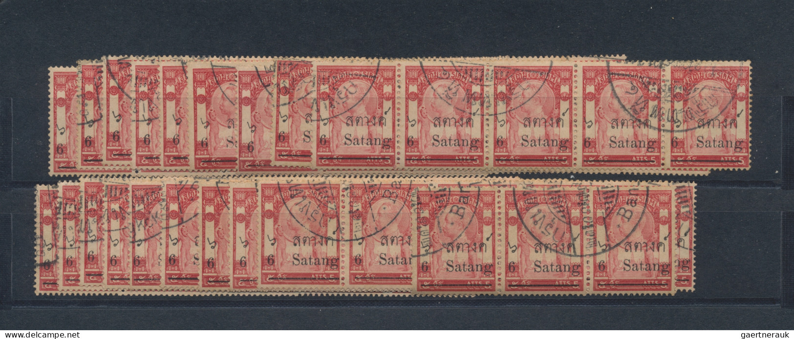 Thailand: 1909 Provisionals: Lot Of 603 Used Stamps Of 3s. On 3a. Green And 448 - Thaïlande