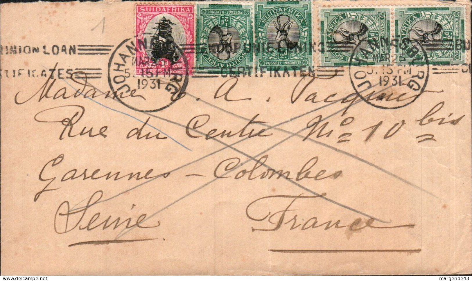 AFRIQUE DU SUD AFFRANCHISSEMENT COMPOSE SUR LETTRE  POUR LA FRANCE 1931 - Nueva República (1886-1887)