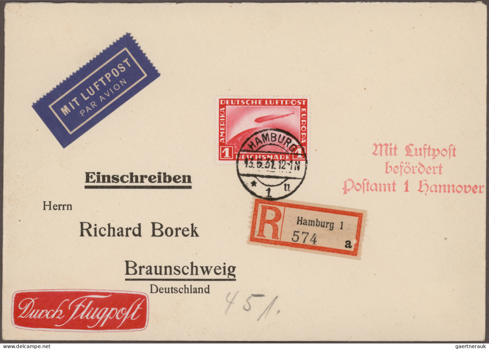 Air Mail - Germany: 1921/1957, Partie Von Sechs Flugpostbelegen, Dabei Privatgan - Poste Aérienne & Zeppelin