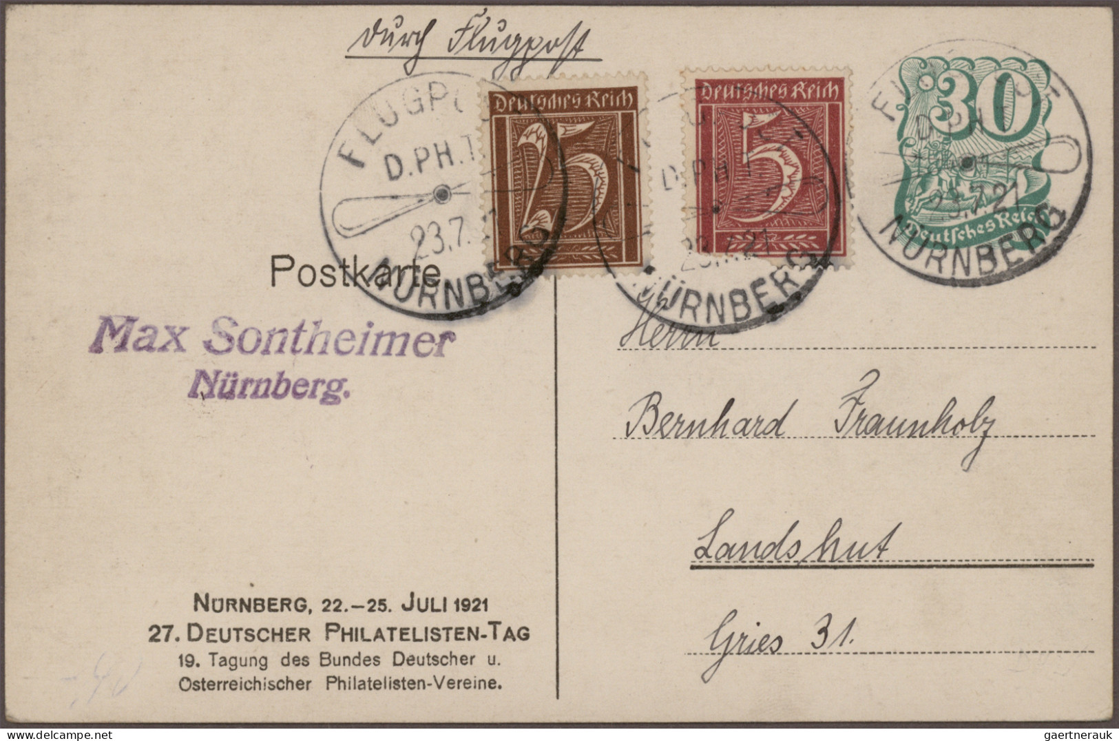 Air Mail - Germany: 1921/1957, Partie Von Sechs Flugpostbelegen, Dabei Privatgan - Luft- Und Zeppelinpost