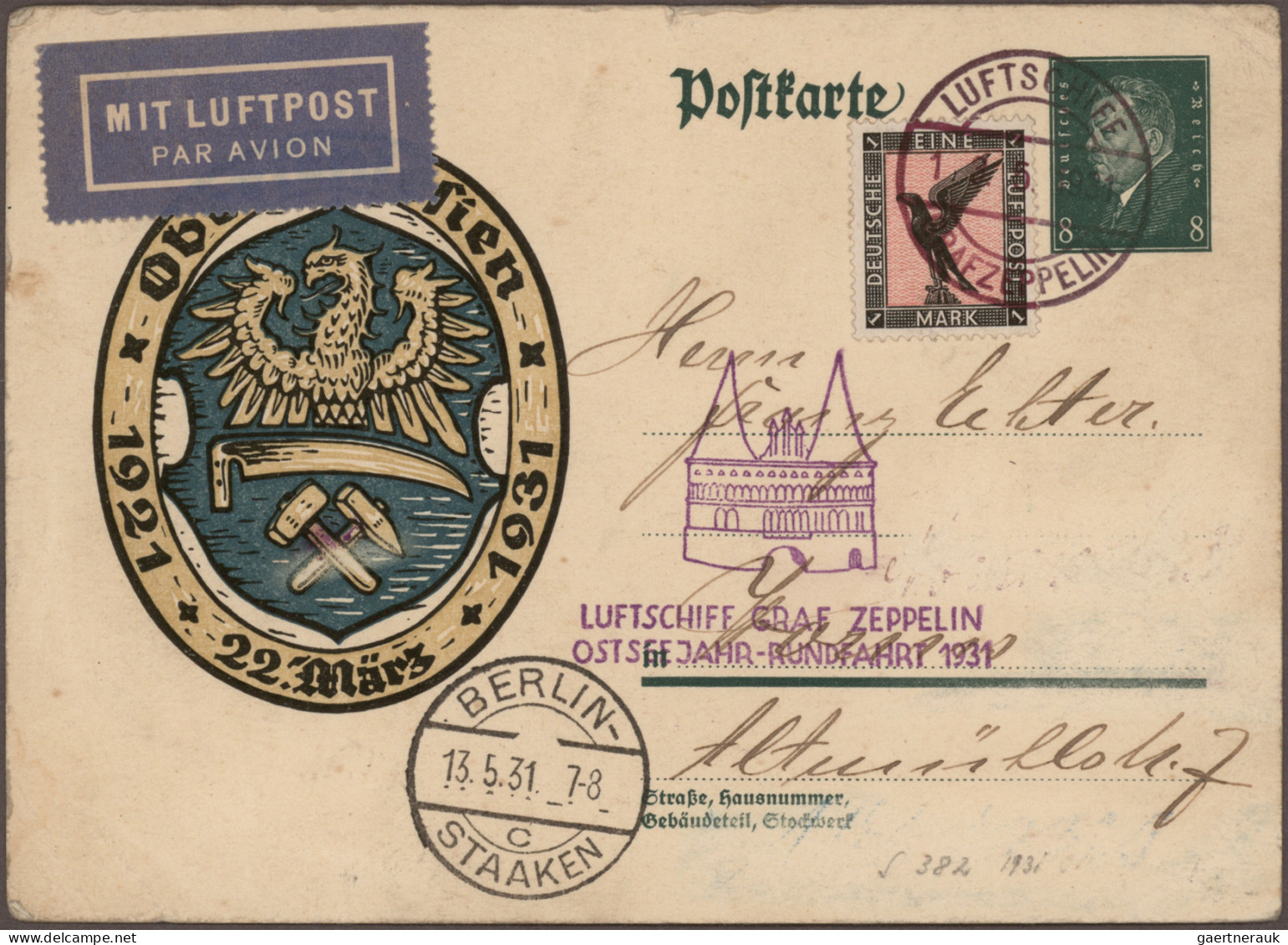 Air Mail - Germany: 1921/1957, Partie Von Sechs Flugpostbelegen, Dabei Privatgan - Correo Aéreo & Zeppelin