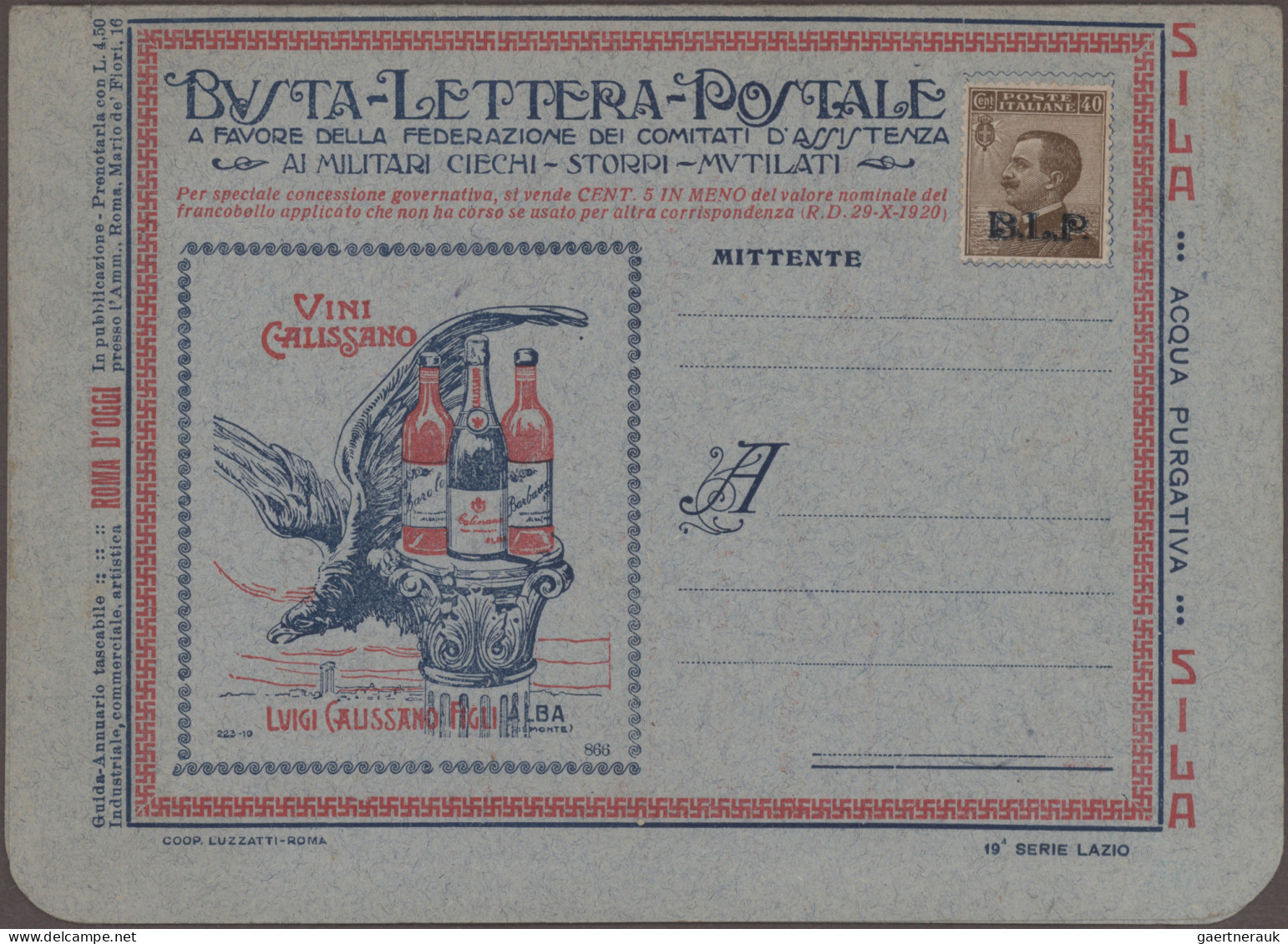 Thematics: Advertising Postal Stationery: 1921/1923, Italy: 'Buste Letteri Posta - Autres