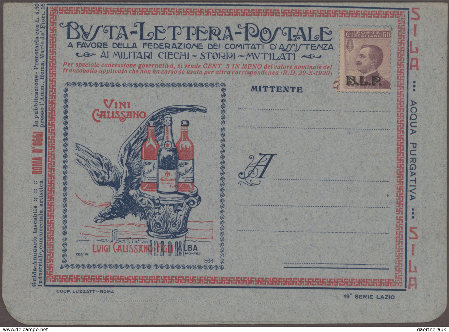 Thematics: Advertising Postal Stationery: 1921/1923, Italy: 'Buste Letteri Posta - Otros