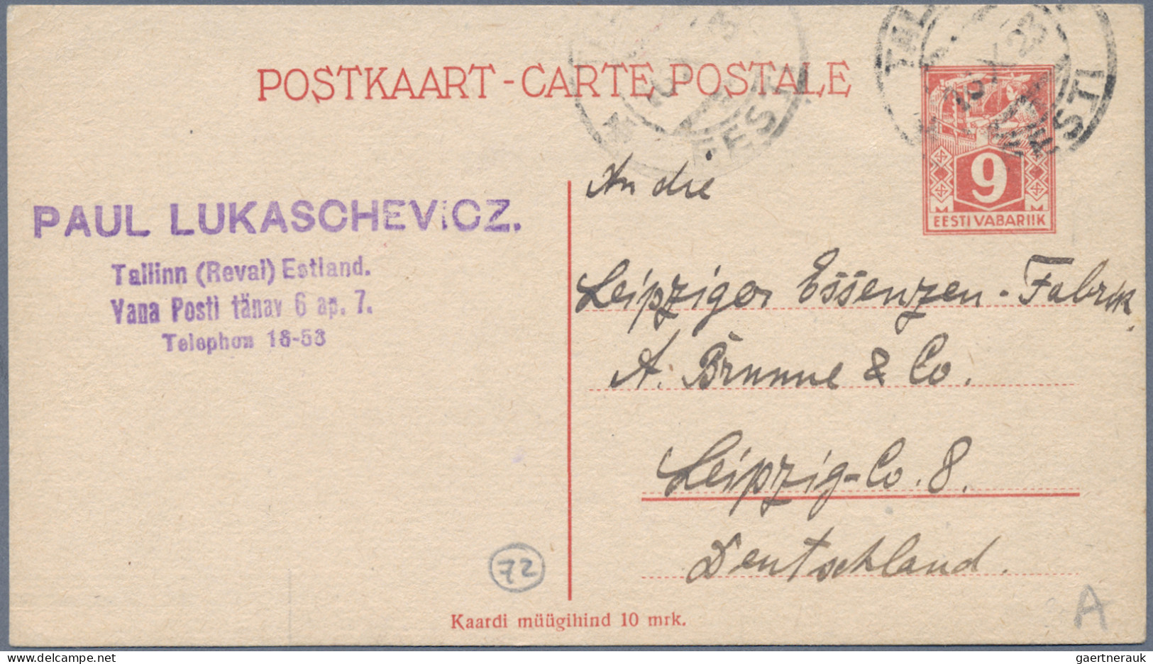 Estonia - postal stationery: 1923/1938, lot of twelve commercially used statione