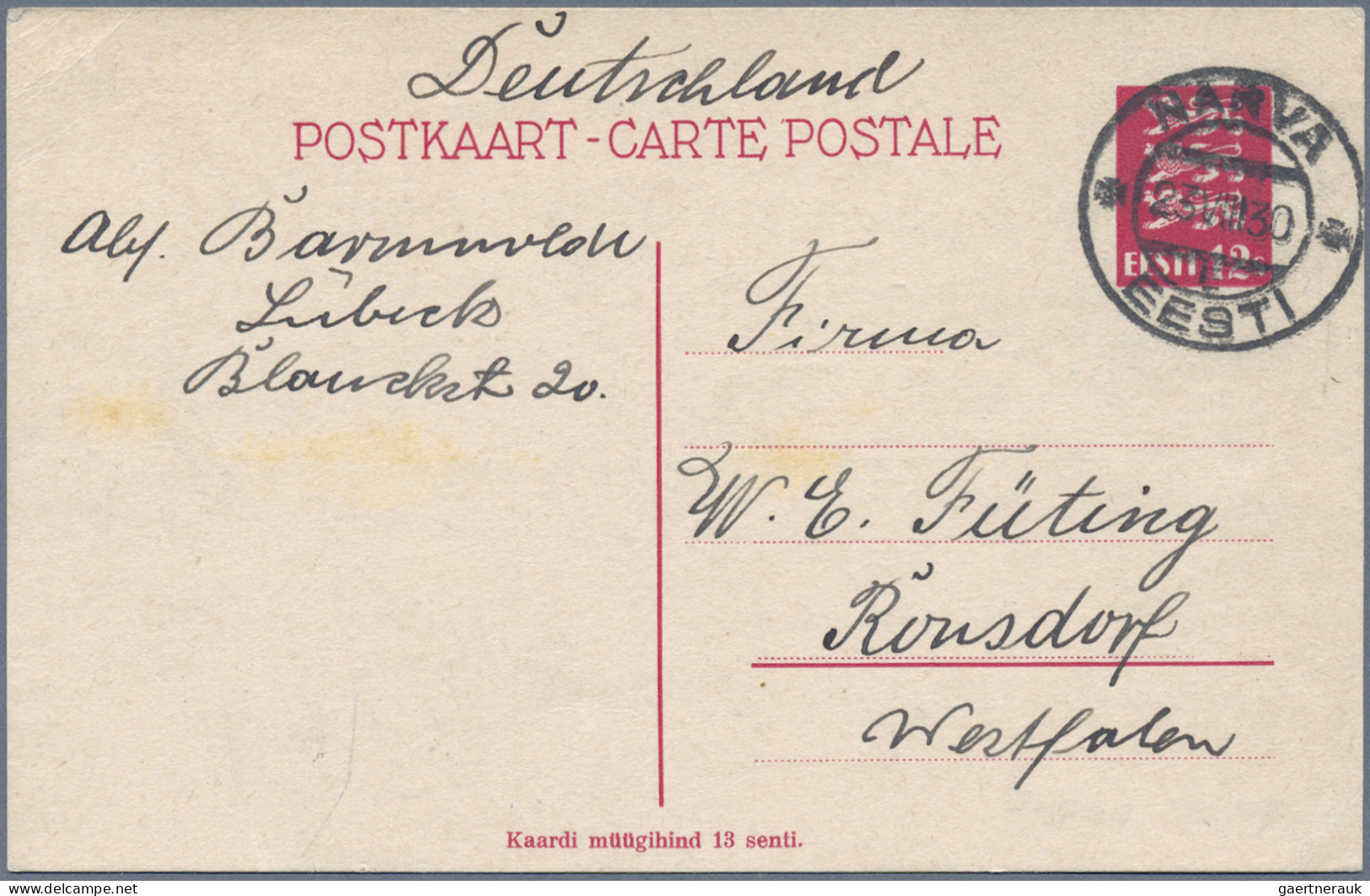 Estonia - postal stationery: 1924/1938, lot of 14 commercially used stationery c