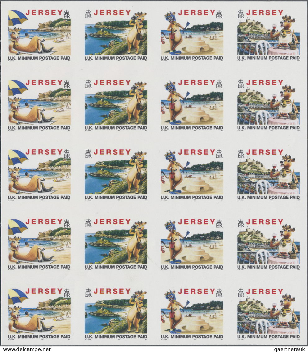 Jersey: 1997. Lot With 50 IMPERFORATE (= Not Die-cutted!) Strips Of 4 'Definitiv - Jersey