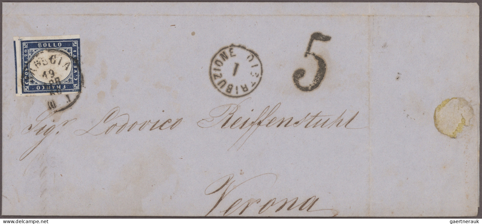 Italian States - Sardinia: 1860, April - September, 5 Folded Letters, All From B - Sardinien