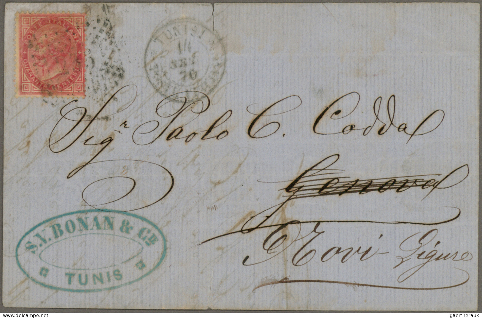 Italy: 1870/1954, Italian Area, Assortment Of 29 Entires, E.g. 1870 Tunis Letter - Colecciones