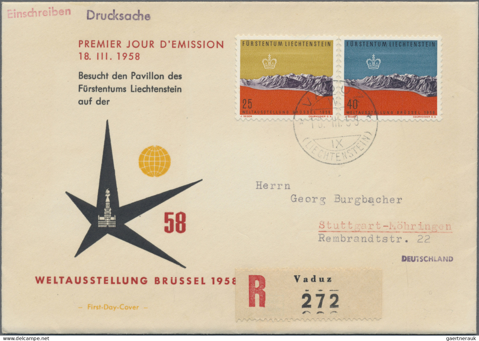 Liechtenstein: 1932/1958, Partie Von Sieben Dekorativen Belegen, Davon Fünfmal E - Lotes/Colecciones